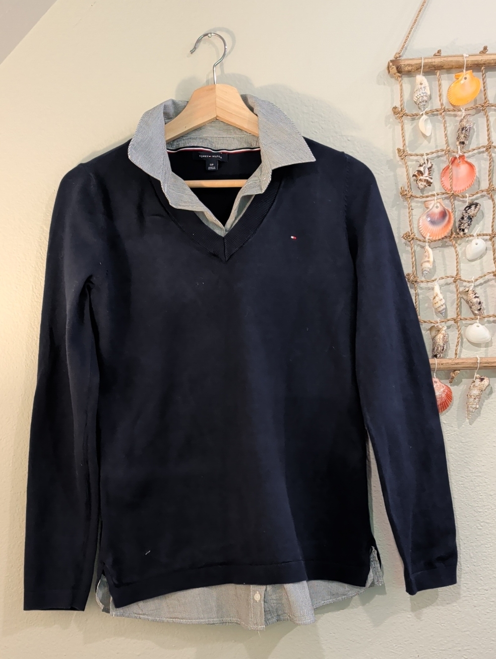 Tommy Hilfiger Navy V-Neck Sweater with Layered Collar